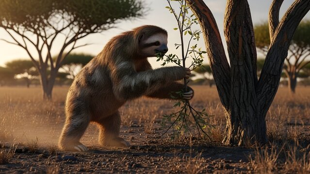 Giant prehistoric ground sloth, resembling a Megatherium, gracefully foraging on tree leaves in a sun-drenched, ancient savanna landscape at dusk
