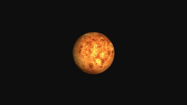 Cinematic zooming shot of Venus planet surface rotating in deep space with glowing atmosphere and crater details.