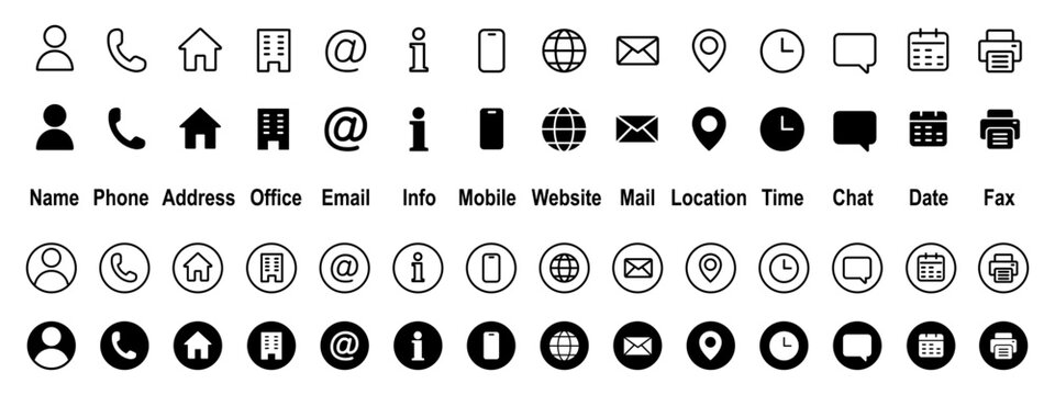 Contact icon set for business card, containing communication information, line and solid circle style