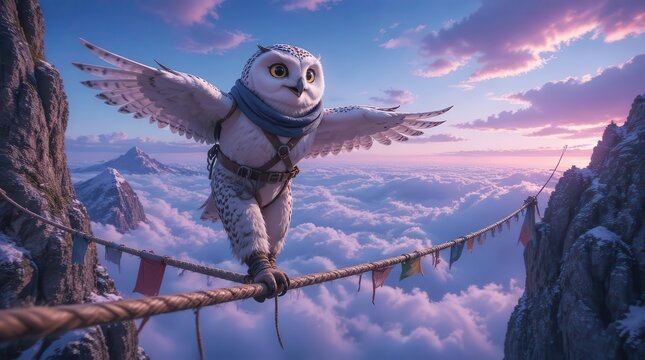 A majestic snowy owl balancing on a tightrope high above a vast sea of clouds, featuring cinematic mountain peaks at sunset in this high resolution gigapixel widescreen digital artwork scene.