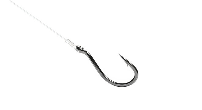 Sharp metal fishing hook attached to a thin nylon line isolated on transparent background