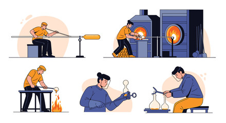 Fototapeta premium Craftsmen working in a glassblowing workshop using furnaces, blowpipes, and various tools to shape molten glass.