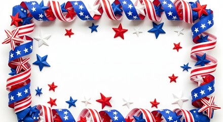 Obraz premium Patriotic frame made of red white and blue ribbon and stars isolated on white background