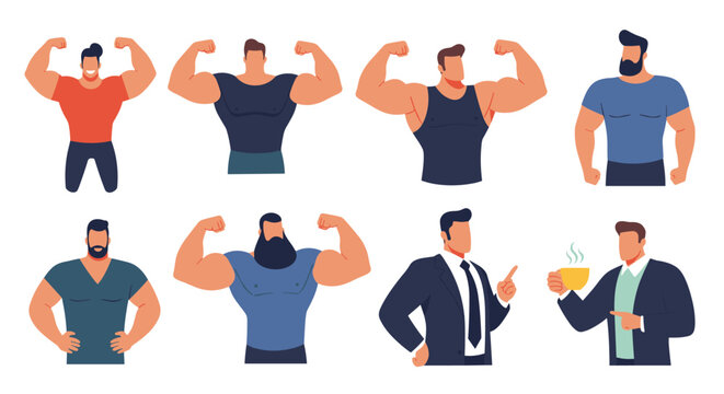Group of strong and muscular men in different outfits including casual wear and business suits showing power and confidence.