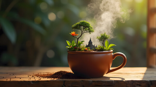 Steaming Coffee Cup with Miniature Java Landscape and Borobudur Temple Silhouette