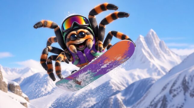 A high performance cinematic alpine scene featuring a cheerful cartoon tarantula snowboarding down a snowy mountain slope captured in a vibrant and high definition gigapixel resolution style artwork.