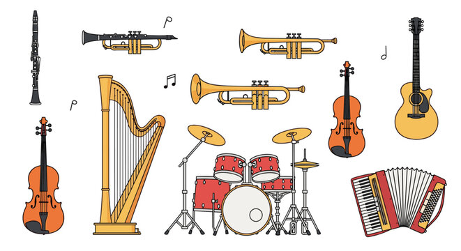 Set of classical musical instruments including a violin, trumpet, harp, drums, and an accordion for orchestra and band performances.