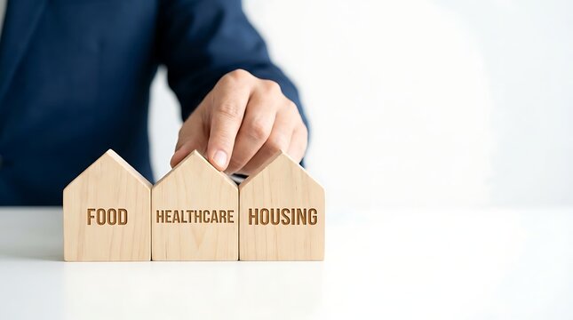 Person Balancing Basic Needs Food Healthcare and Housing Wooden House Blocks