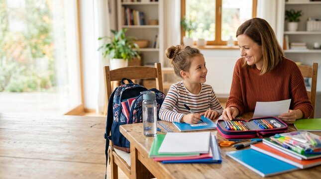 Mother and daughter working on homework at a wooden table in a bright, cozy home. The child is drawing in a notebook while the mother is helping her and smiling at each other