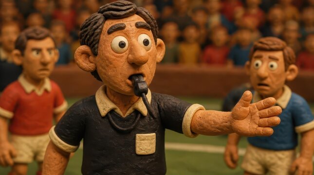 A whimsical stop motion tableau of a clay referee officiating a sports match with a high resolution gigapixel aesthetic, showcasing expressive characters on a miniature field in a stadium setting.