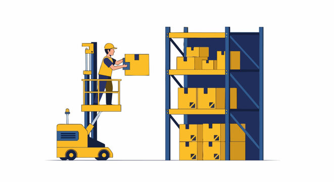 Warehouse Worker Operating Forklift Order Picker to Organize Boxes on High Storage Shelves