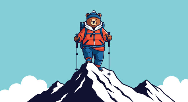 Brave brown bear wearing a warm winter coat and climbing gear reaching the snowy summit of a high mountain peak.