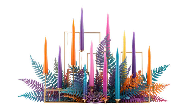 Artful cluster of slender taper candles and winter foliage elements, featuring a cinematic widescreen composition isolated on a clean white background for sophisticated holiday and home decor displays