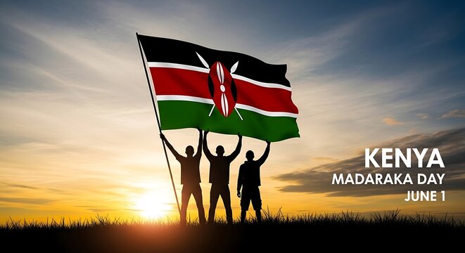 Three people holding the kenya national flag high at sunset for madaraka day in june