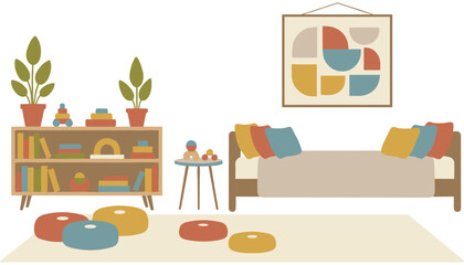Colorful children playroom with bookshelf, toys, and activity table © MURAD STOCK