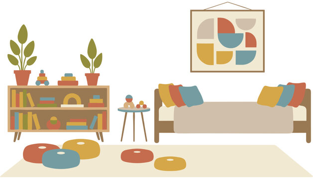 Colorful children playroom with bookshelf, toys, and activity table