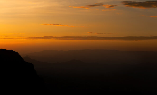 Golden sunset over dramatic silhouettes of Simien Mountains, Ethiopia