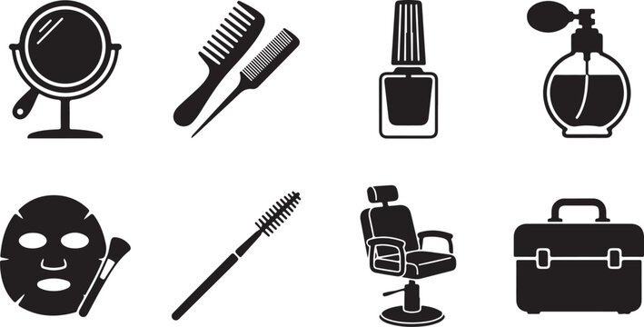 Black and white beauty icons, makeup and haircare vector set, 8 elements, salon tools