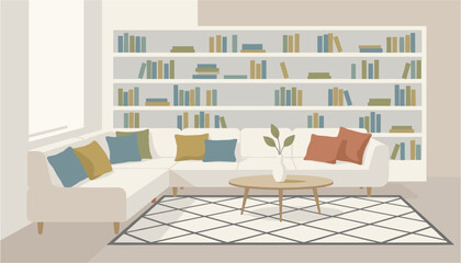 Modern minimalist living room with bookshelf and round glass table © MURAD STOCK
