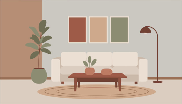 Modern living room interior with sofa coffee table and floor lamp