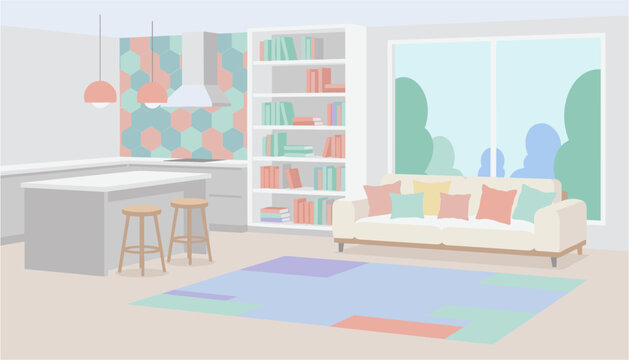 Cozy modern living room with bookshelf, sofa, and study area