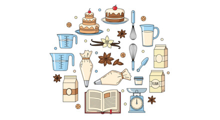 Fototapeta premium Circular arrangement of various baking ingredients and kitchen tools including cakes, flour, eggs, and measuring pitchers.
