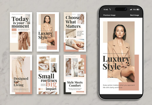 Fashion Social Media Rolls and Posts Templet in Pale Peach and White with Black Elements