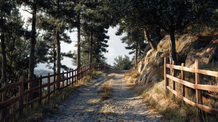 Fototapeta premium Cobblestone path through forest with wooden fence and rocks