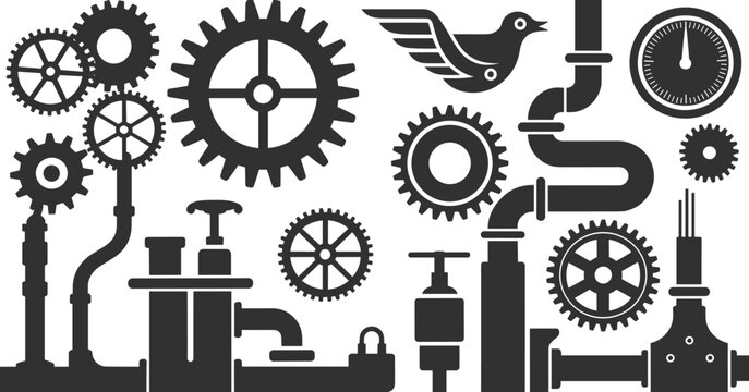 Industrial machinery gears, mechanical engineering system, steampunk gear mechanism, factory pipes and cogs illustration, technology machine parts vector design