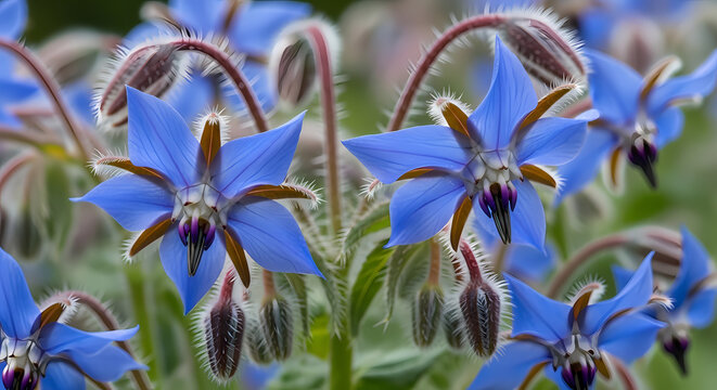 Vibrant blue borage flowers in close-up macro view.