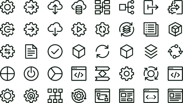 Software development workflow line icons collection for coding platforms automation systems dashboards and web application interfaces