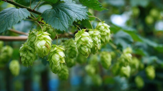 Fresh green hop cones growing on vine branch at harvest