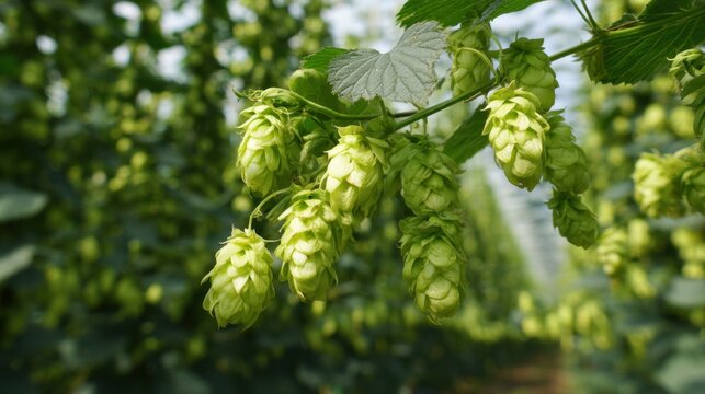 Fresh green hop cones growing on vine in summer hop yard