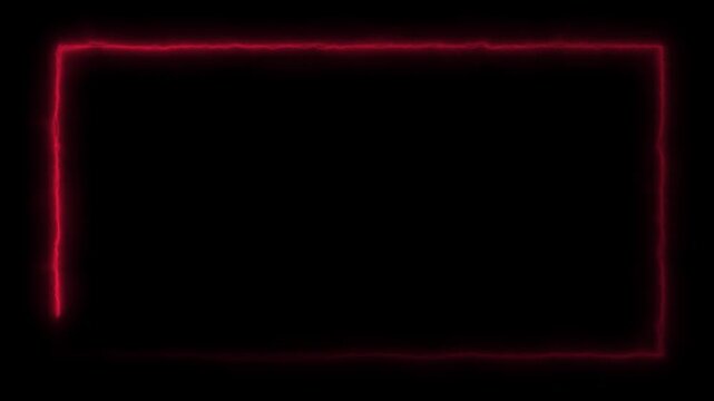 Abstract red neon rectangle glowing light border frame with dynamic motion effect on black background.