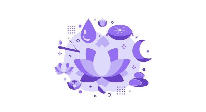 Zen Meditation and Wellness Vector Illustration with Lotus Flower, Moon, and Stacked Stones in Purple Flat Design