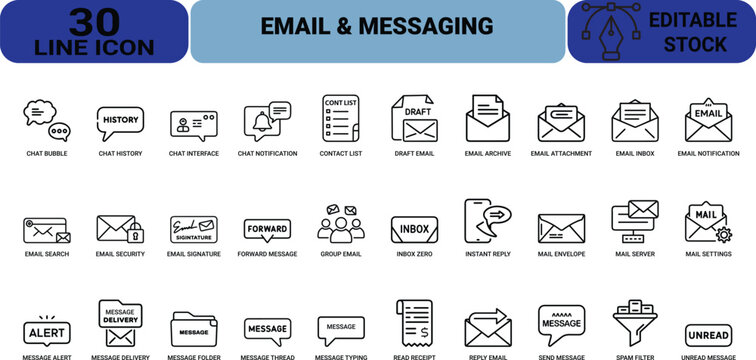 Email & Messaging Line Icons, email, messaging, chat, communication, vector, editable, inbox, notification, contact, draft, attachment, signature, forward, reply, alert, delivery, thread, spam, filter