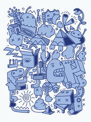 Fototapeta premium Cute hand drawn doodle cartoon characters funny expressions in blue color vector illustration, Perfect for creative backgrounds, stickers, posters, card, print designs.