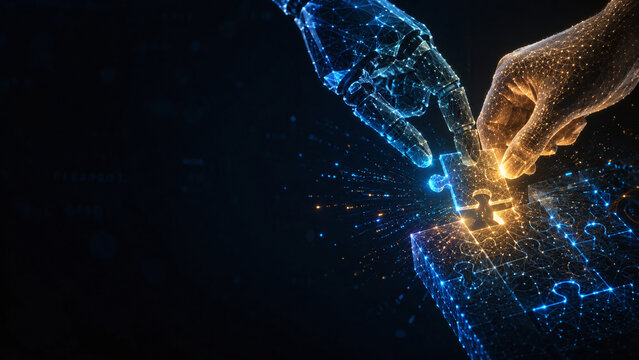 Human and Robotic Hand Completing Puzzle Together, Concept of AI Collaboration, Digital Transformation, and Synergy in Futuristic Business Technology Solutions