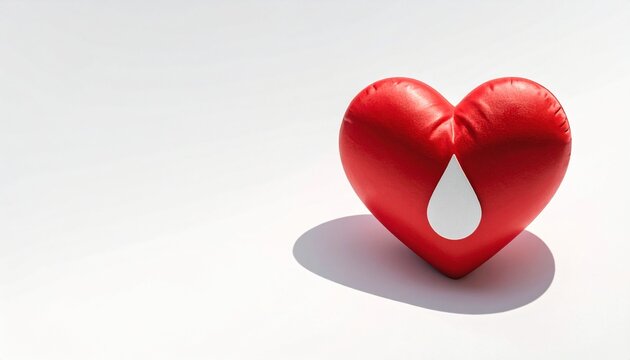Red heart shaped balloon with a drop shaped hole on World Donor Day symbolizing generosity and kindness with a shadow on a white background