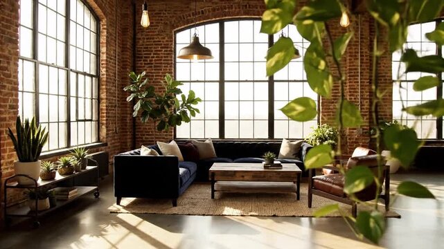 Spacious industrial loft living room with exposed brick walls, large arched windows, a blue velvet sectional sofa, leather armchair, wooden coffee table, and lush indoor plants.
