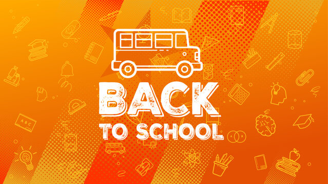 Back to school banner template, orange background with bus and education symbols