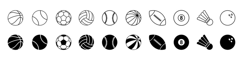 Sport balls icon set in solid and outline, sports ball signs © dlyastokiv