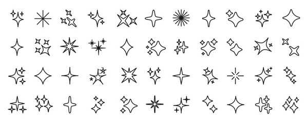Obraz premium Minimalist decorative design shine sparkle and starburst line icon set with thin black editable stroke, bling stars sparkles signs