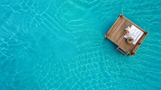 A serene wooden raft floating on a vibrant turquoise lagoon, captured in a cinematic widescreen aerial view with tropical luxury and calm summer relaxation vibes for a peaceful summer vacation getaway