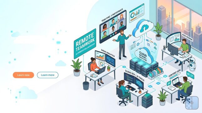 A detailed isometric illustration of remote teamwork and cloud computing in a modern office setting.