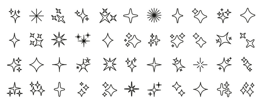 Minimalist decorative design shine sparkle and starburst line icon set with thin black editable stroke, bling stars sparkles signs