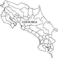 Fototapeta premium Black and white outline map of costa rica showing provinces and administrative borders