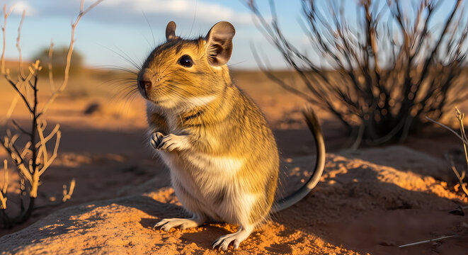 Common degu rodent standing in desert at sunset.