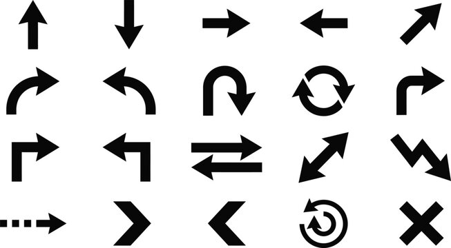 Arrows of various shapes and orientations provide a versatile set of directional markers for visual communication and signage.