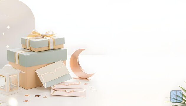 Elegant Ramadan gift boxes and crescent moon decor